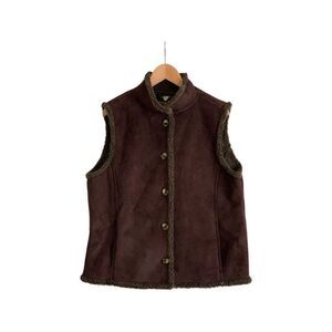 L.L. Bean Faux Suede Leather Brown Sherpa Lined Button Down Vest